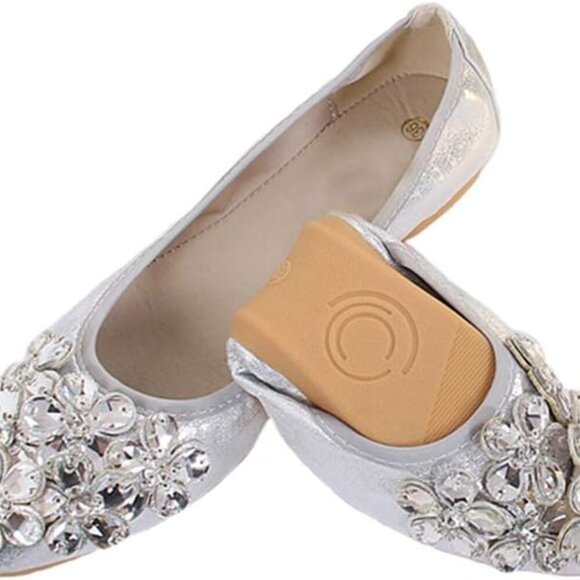 Women Foldable Flats Faux Leather 9.5-10 Slip On Rhinestone Pointed Toe - Picture 4 of 6